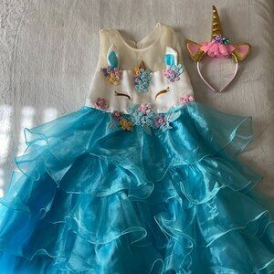 Kids fluffy Unicorn party dress with headband accessory.